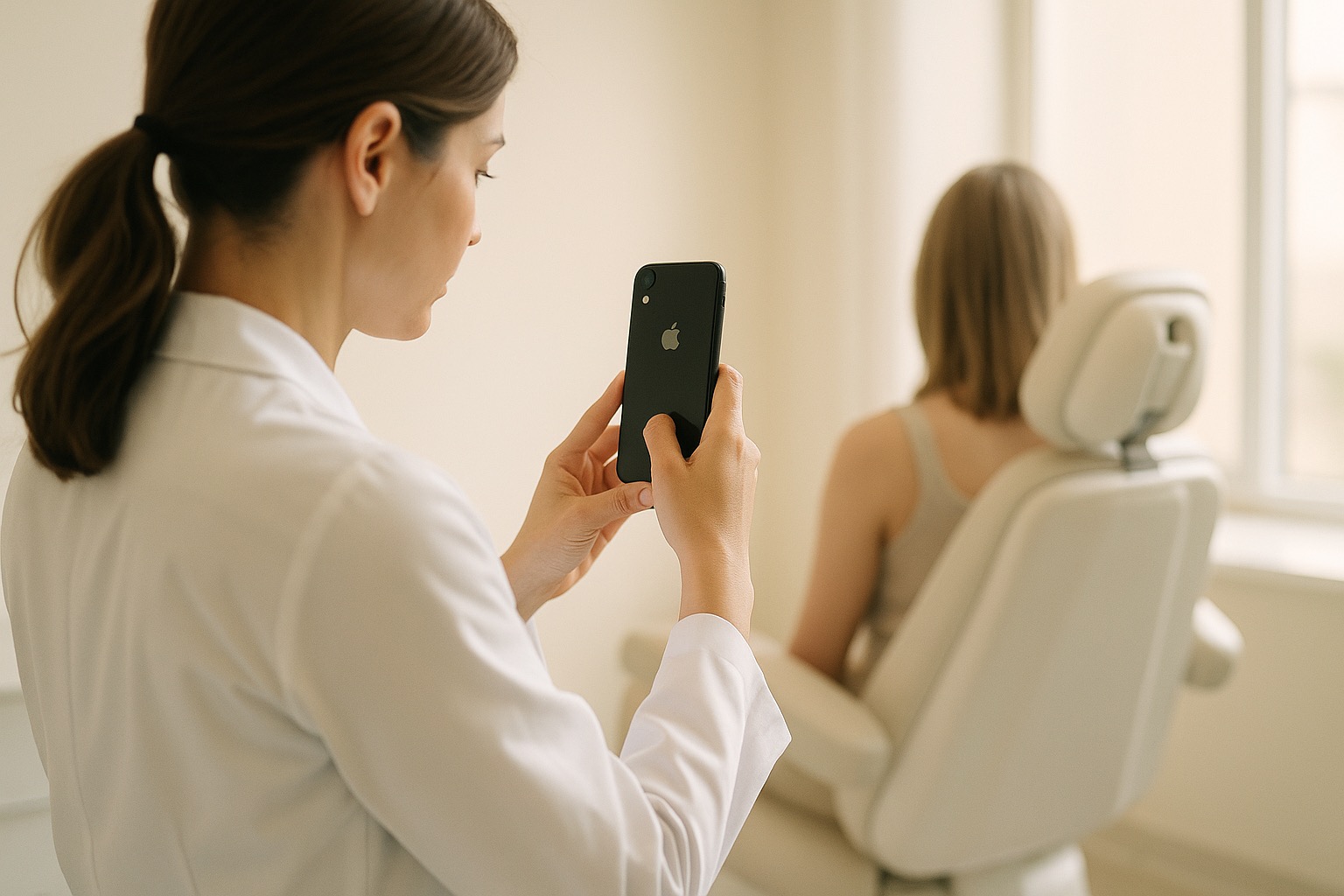 Profesional fotografiando a una paciente con un iPhone en su consultorio